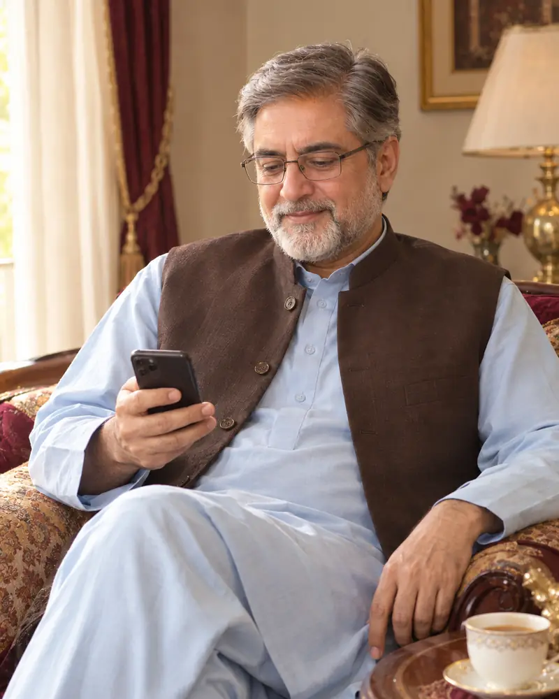 A father reading on his phone in his drawing room