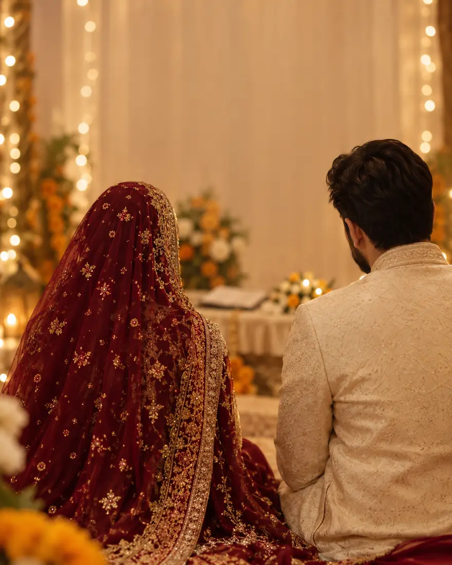 A bride and groom seated at their nikah, seen from behind