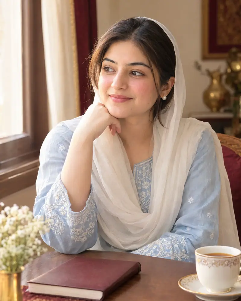 A young woman sitting by a window, smiling
